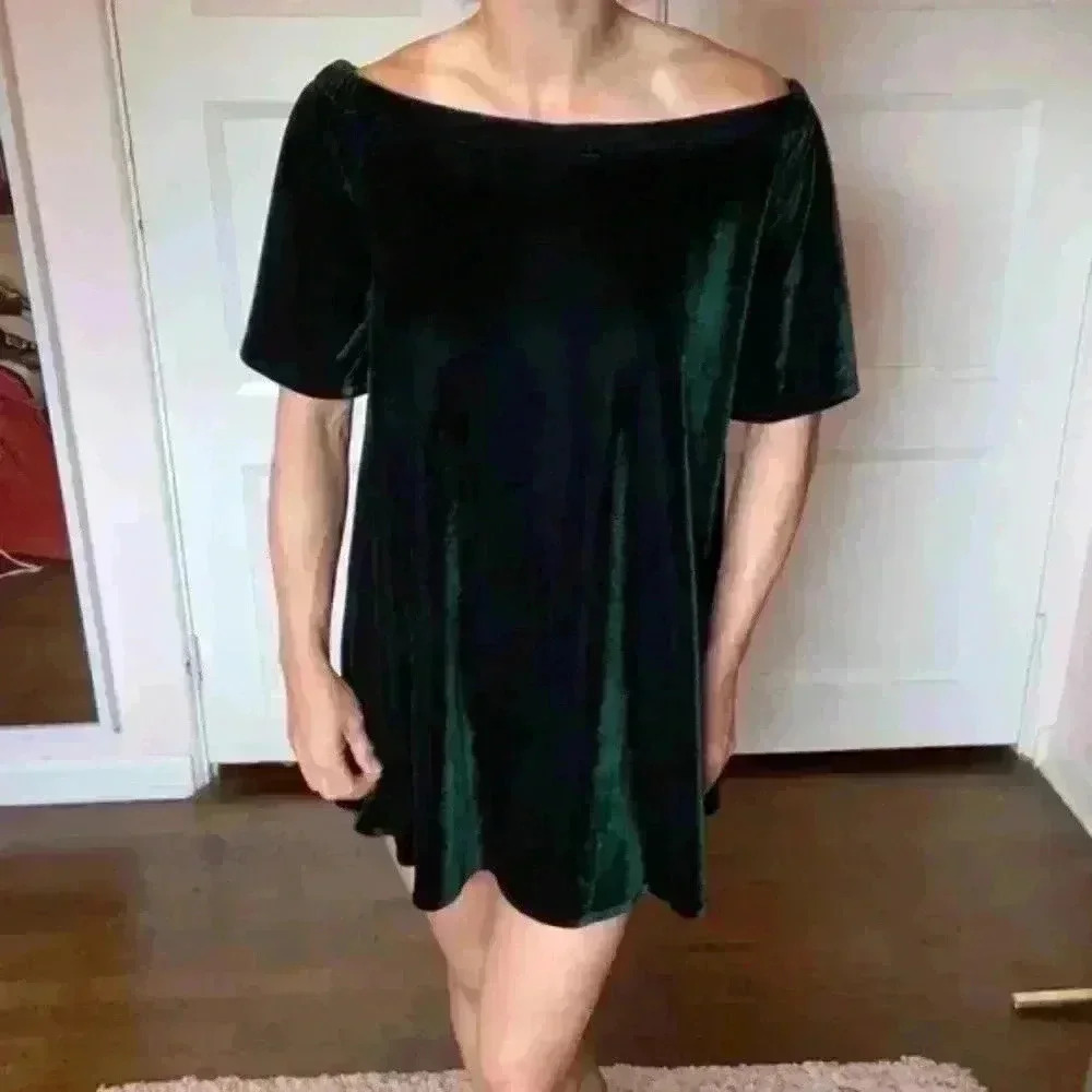 Gianni Bini green velvet babydoll dress off the shoulder mini christmas size L - Picture 5 of 13